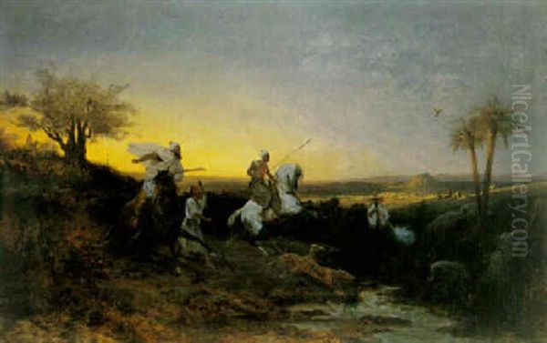 Wild Boar Hunt On The Plains Of Oudja, Morocco Oil Painting by Alfred Couverchel