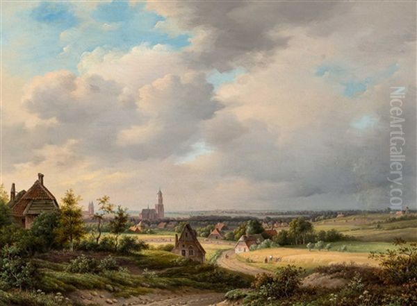 Panoramic View On The City Of Arnhem With Harvesting Farmers And The Eusebiuskerk In The Distance (circa 1840-1842) Oil Painting by Abraham-Johannes Couwenberg