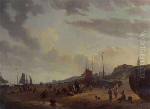 Busy Fisherfolk And Townsfolk On Scheveningen Beach In The Afternoon Oil Painting by Abraham-Johannes Couwenberg