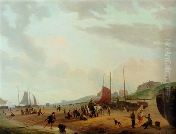 Fisherfolk And Townsfolk On Scheveningen Beach In The Afternoon Oil Painting by Abraham-Johannes Couwenberg