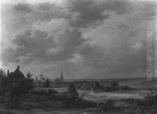 An Extensive Landscape With Farmers Working In The Fields, Arnhem With The Eusebius Church Beyond Oil Painting by Abraham-Johannes Couwenberg