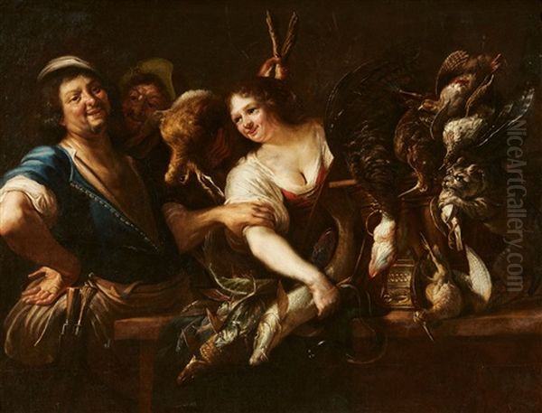 Game Still Life With A Hunter And Maid Oil Painting by Christian van Couwenbergh