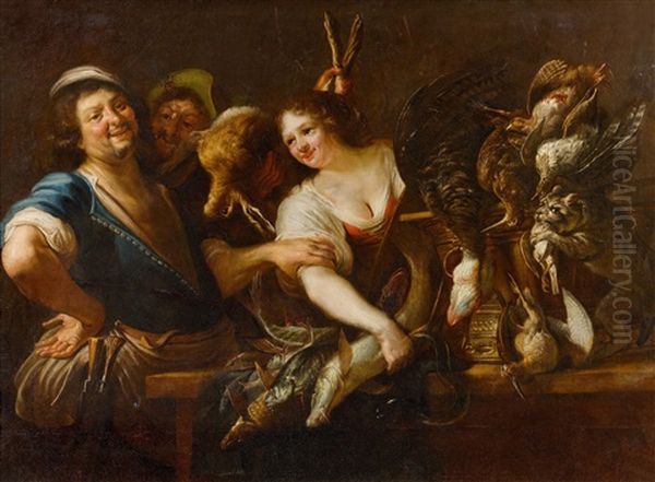 A Hunter And A Maidservant With Fish And Game In A Kitchen Interior Oil Painting by Christian van Couwenbergh