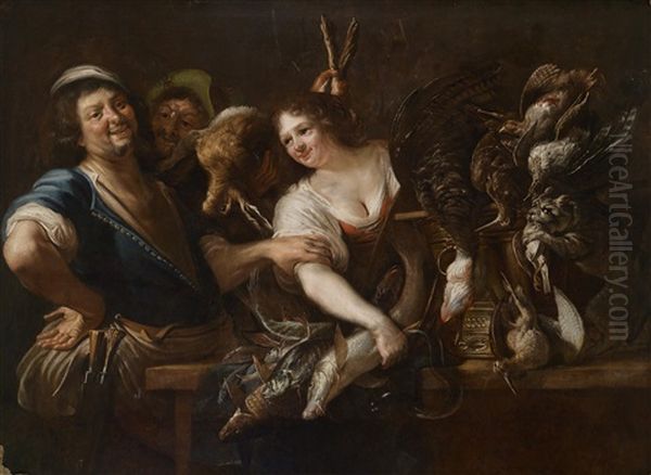 Ein Jager Und Eine Magd Mit Fischen Und Erlegtem Wild In Einem Kucheninterieur Oil Painting by Christian van Couwenbergh