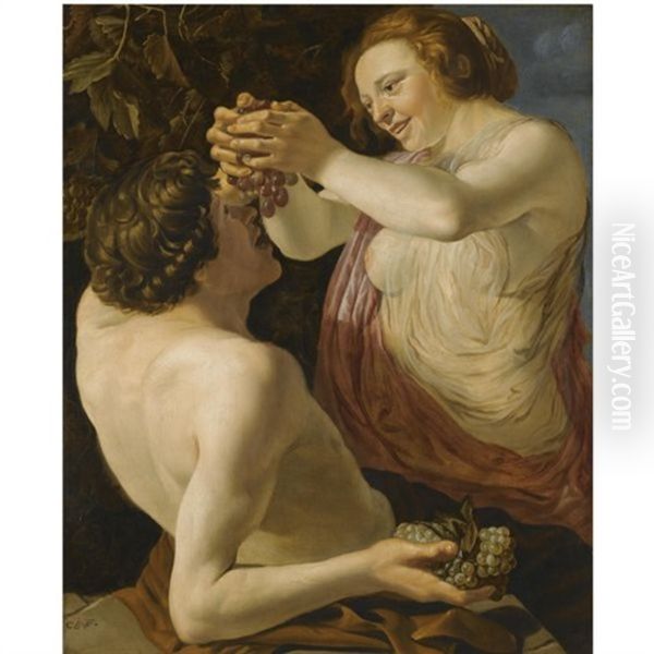 Nymph And Satyr Oil Painting by Christian van Couwenbergh