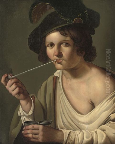 A Young Man, In A Feathered Cap, Smoking A Pipe Oil Painting by Christian van Couwenbergh