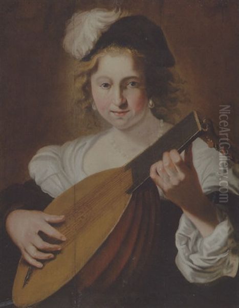 A Lady Playing A Lute Oil Painting by Christian van Couwenbergh