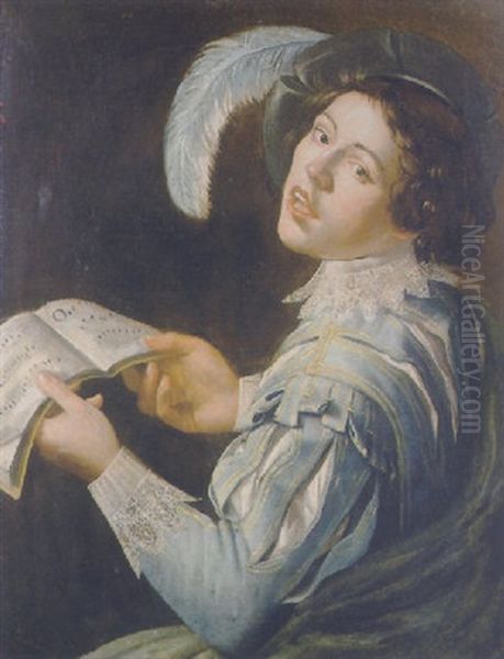 A Youth In Fancy Costume, Singing From A Musical Score Oil Painting by Christian van Couwenbergh