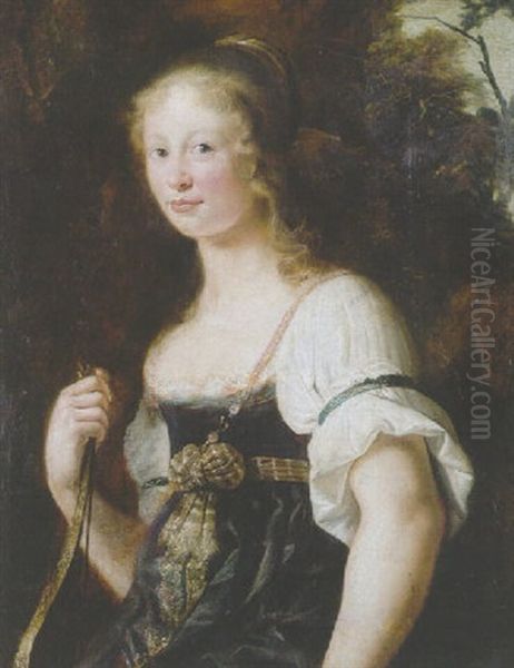 A Portrait Of A Young Woman As Diana, Wearing A Green Dress And Chemise, A Wrap Around Her Waist Oil Painting by Christian van Couwenbergh