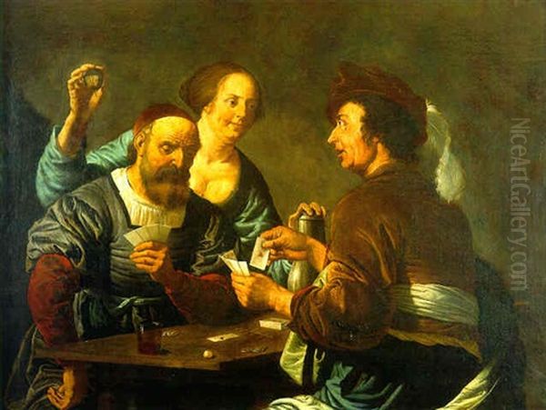 Cardsharps In An Interior Oil Painting by Christian van Couwenbergh