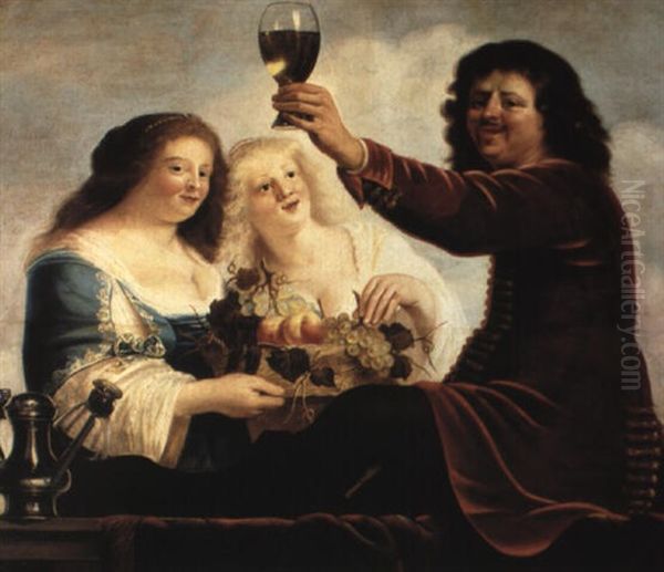 A Bravo Man Seated On A Balustrade And Brandishing A Wineglass Oil Painting by Christian van Couwenbergh