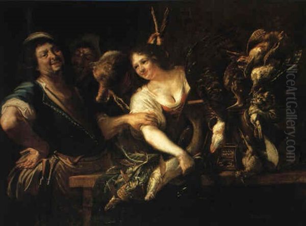 Sportsman And A Maid With Fish And Dead Game In A Kitchen Interior Oil Painting by Christian van Couwenbergh