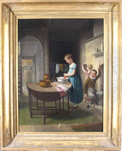 Interior Scene With Girls Washing Clothes And A Boy Playing Tricks by C.C. Coventry