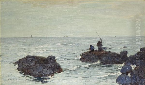 Fishing Off The Rocks Oil Painting by Robert Mcgown Coventry