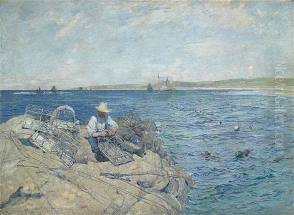 Mending The Lobster Creels Oil Painting by Robert Mcgown Coventry