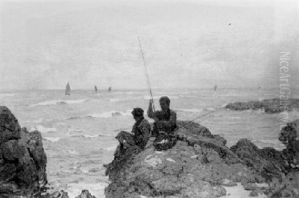 Fishing Off The Rocks Oil Painting by Robert Mcgown Coventry