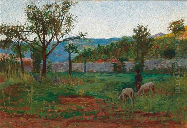 Schafer In Sudlicher Landschaft Oil Painting by Cesare Covi