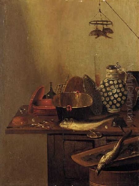 A Kitchen Still Life With Fish Oil Painting by Reynier Covyn