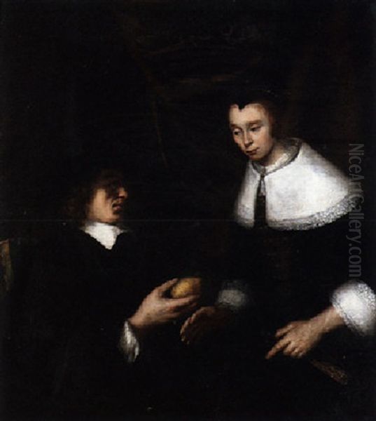 An Interior With A Man Offering A Lemon To A Lady Oil Painting by Reynier Covyn