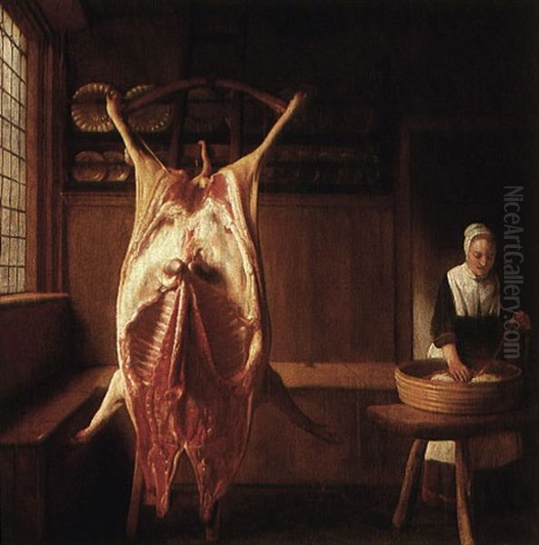 A Kitchen Interior With A Maid By The Carcass Of A Cow by Reynier Covyn