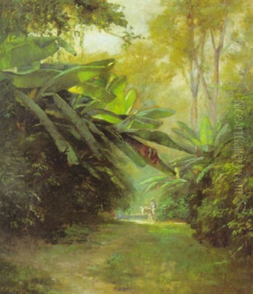 Rider On A Burro Amongst Banana Trees Oil Painting by J. Clifford Cowles