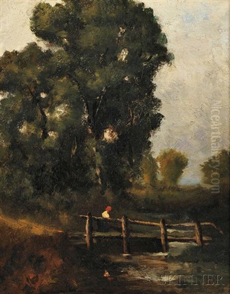 Figure Crossing A Footbridge Oil Painting by David Cox the Elder