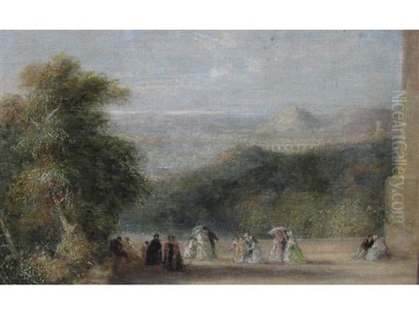 Figures On A Terrace, An Extensive Landscape With Viaduct Beyond Oil Painting by David Cox the Elder