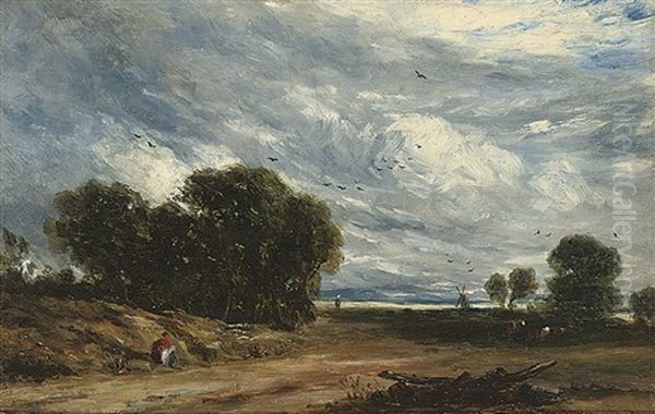 Figures Sheltering By The Wayside (+ Oil Of A Lock; 2 Works) Oil Painting by David Cox the Elder