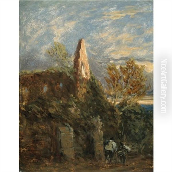 Faggot Gatherers Before A Ruined Abbey Oil Painting by David Cox the Elder