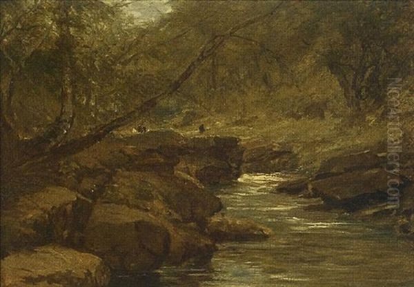 A Rocky Wooded Landscape, With Figures Oil Painting by David Cox the Elder