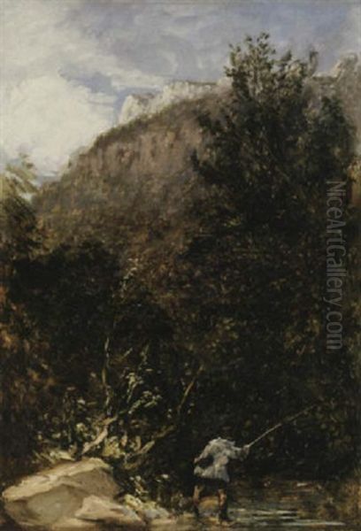 An Angler On The River Llugwy, Bettws-y-coed Oil Painting by David Cox the Elder