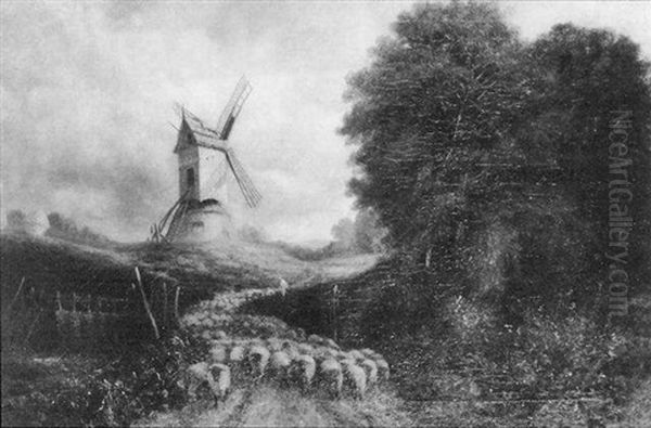 Country Lane With Shepherd And Flock, Windmill In The Distance Oil Painting by David Cox the Elder