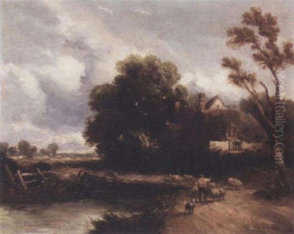 A Shepherd And His Flock By A Cottage Oil Painting by David Cox the Elder