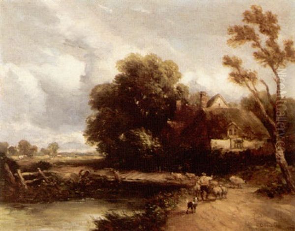 A Shepherd And His Flock By A Cottage Oil Painting by David Cox the Elder