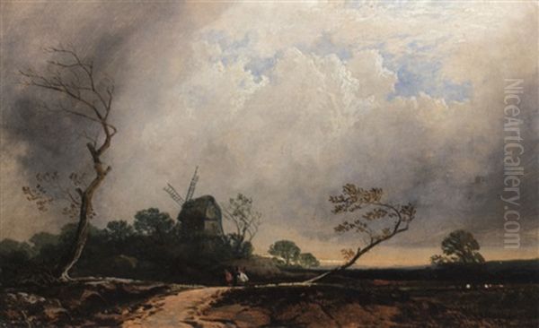 Figures In A Landscape With Distant Windmill Oil Painting by David Cox the Elder