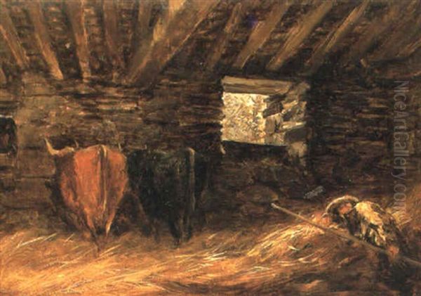 Barn Interior With Sleeping Herdsman Oil Painting by David Cox the Elder