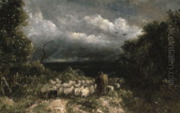 A Shepherd Herding His Flock Oil Painting by David Cox the Elder