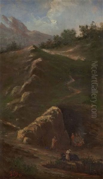 Abendliche Lagerfeuer In Felsiger Landschaft Oil Painting by David Cox the Younger