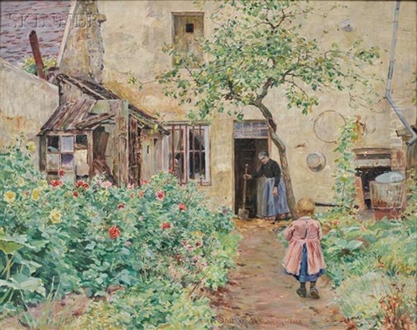 Mother And Child In A French Cottage Garden Oil Painting by Albert Scott Cox