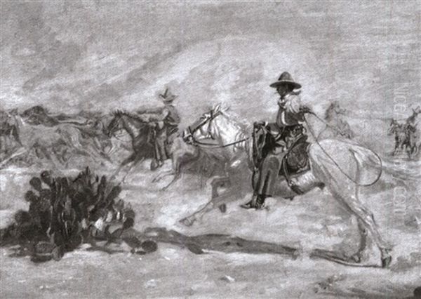 The Round-up, Near The Rio Grande - Mexico (+ The Round-up, 1903; 2 Works) Oil Painting by Charles Brinton Cox