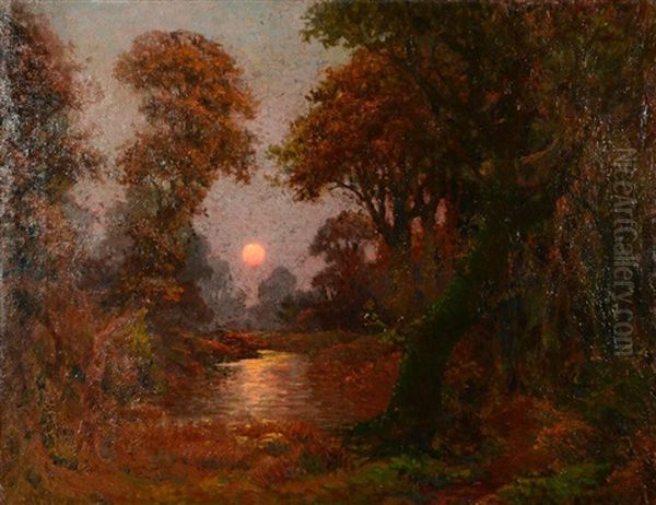 A Tranquil River Landscape At Sunset Oil Painting by Garstin Cox