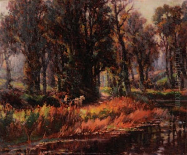 Woodland Path With Stream In The Foreground Oil Painting by Garstin Cox