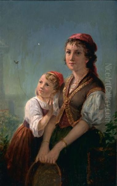 Two Young Girls In A Landscape With Small Bird Held By A String Oil Painting by Jacob Cox