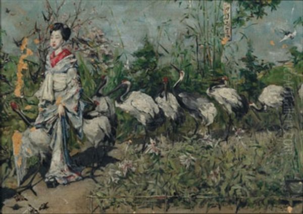 Geisha Followed By Cranes Oil Painting by Kenyon C. Cox