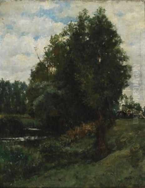 Cows And Figure Resting By The River, Grez, France Oil Painting by Kenyon C. Cox