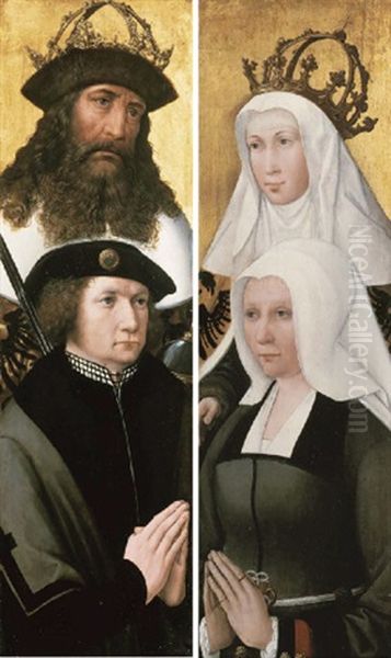 The Emperor Charlemagne And Elisabeth Von Thuringen As Patron Saints Of Two Donors - Guillaume De Bourgoing And Philippa Le Clerc Du Tremblay? (wings Of An Altarpiece) Oil Painting by Michiel Coxie the Elder