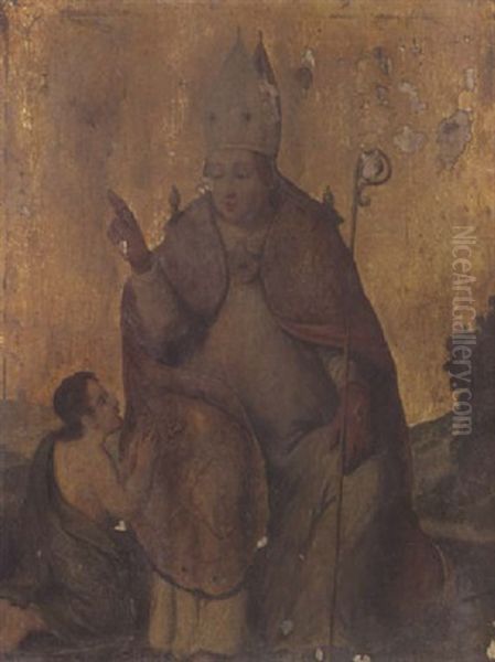 Un Saint Eveque Benissant Un Pelerin Oil Painting by Michiel Coxie the Elder