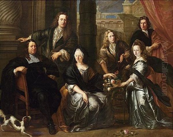 A Family Portrait Of Simon And Anne Van Haecht With Their Sons Rombaut Francois, Adrien, Christophe And Their Daughter Oil Painting by Johan Anthonie (Jan Michiel) Coxie