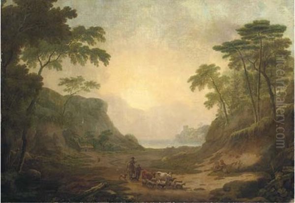 A Wooded Mountainous Costal Landscape With Herdsmen And Livestock In The Foreground, A Cottage And Ruins Beyond Oil Painting by James B. Coy