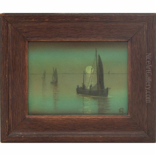 Sailboats In Moonlight Plaque Oil Painting by Sallie (Sara Elizabeth) Coyne